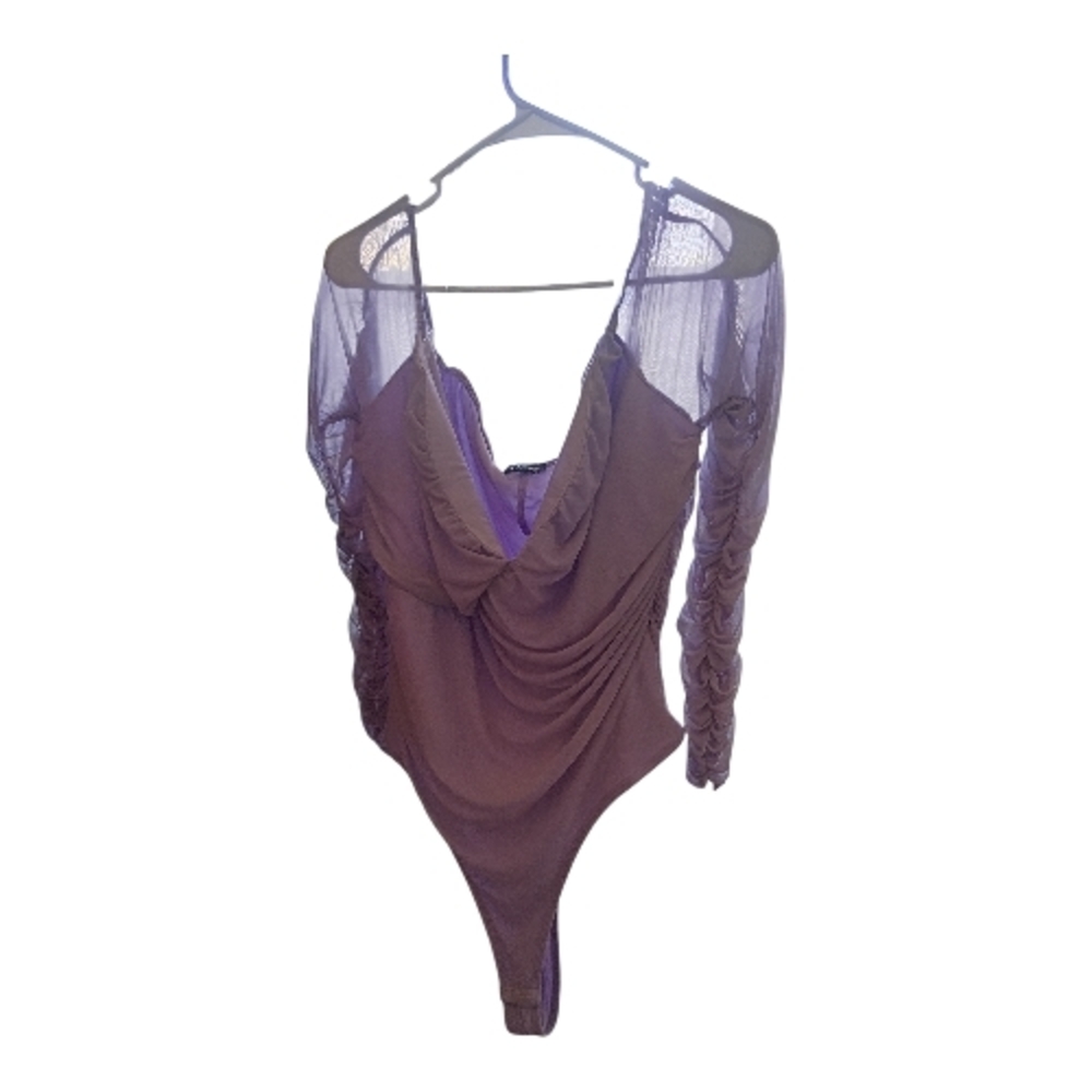 Fashion Nova Purple Draped Mesh-Sleeve Bodysuit